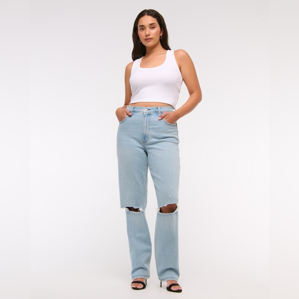 ABERCROMBIE & FITCH THE 90s STRAIGHT ULTRA HIGH RISE DISTRESSED JEANS
